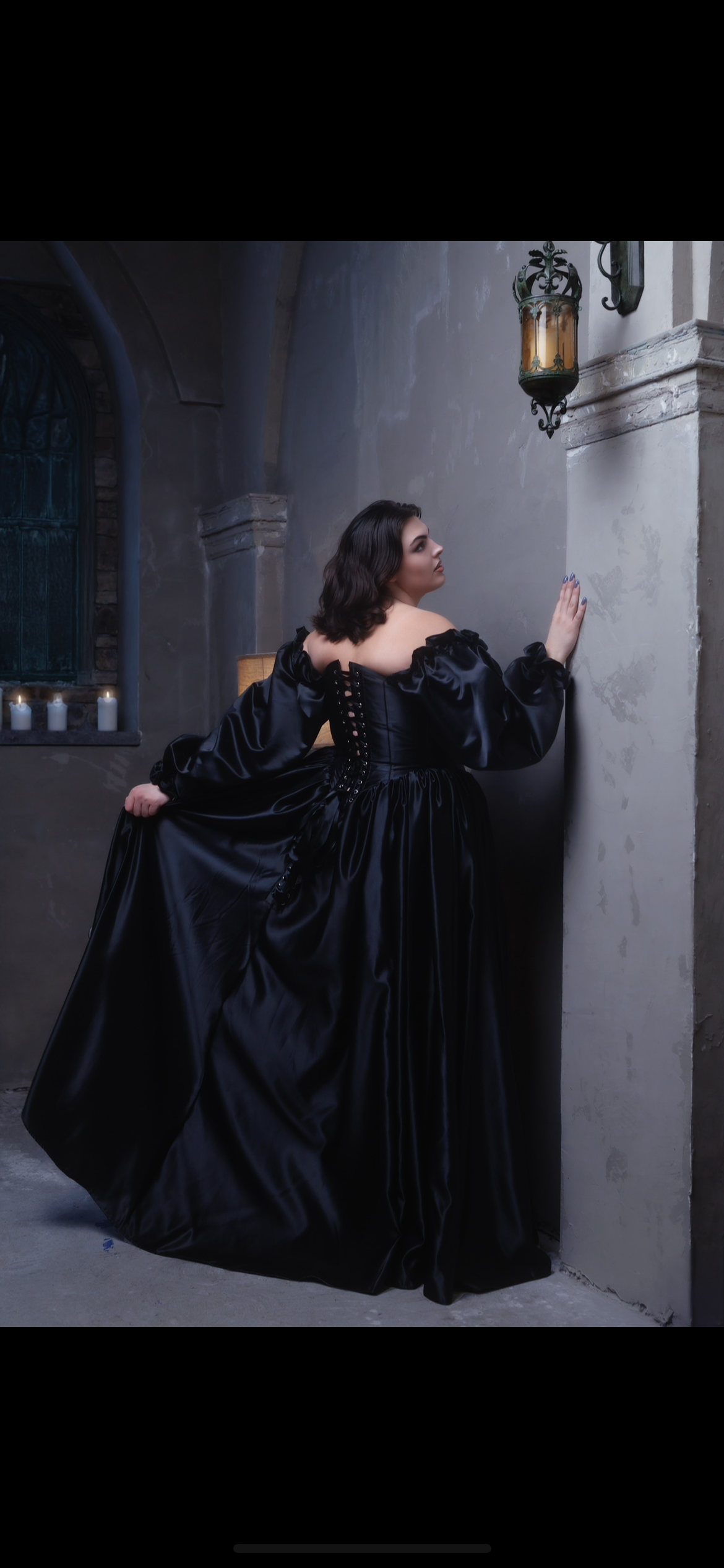 28” (M/L) sample Odile Gown sleeveless- Black Bridal Satin