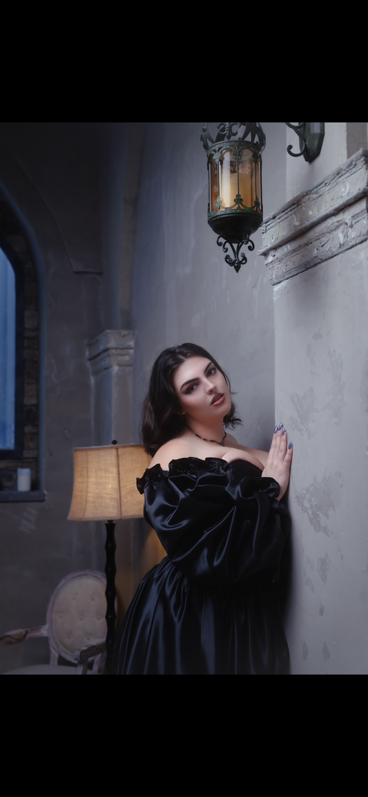 28” (M/L) sample Odile Gown sleeveless- Black Bridal Satin