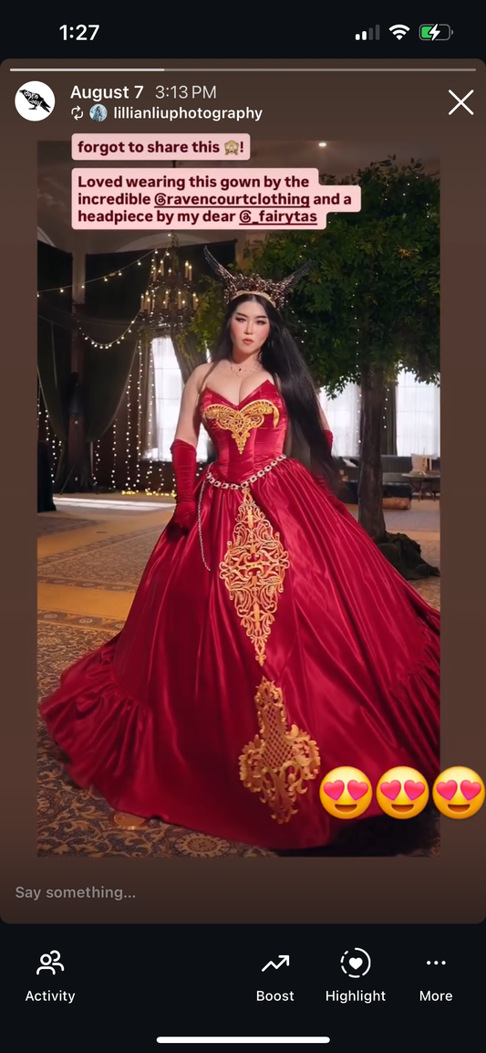 Custom red corset gown for Natasha
