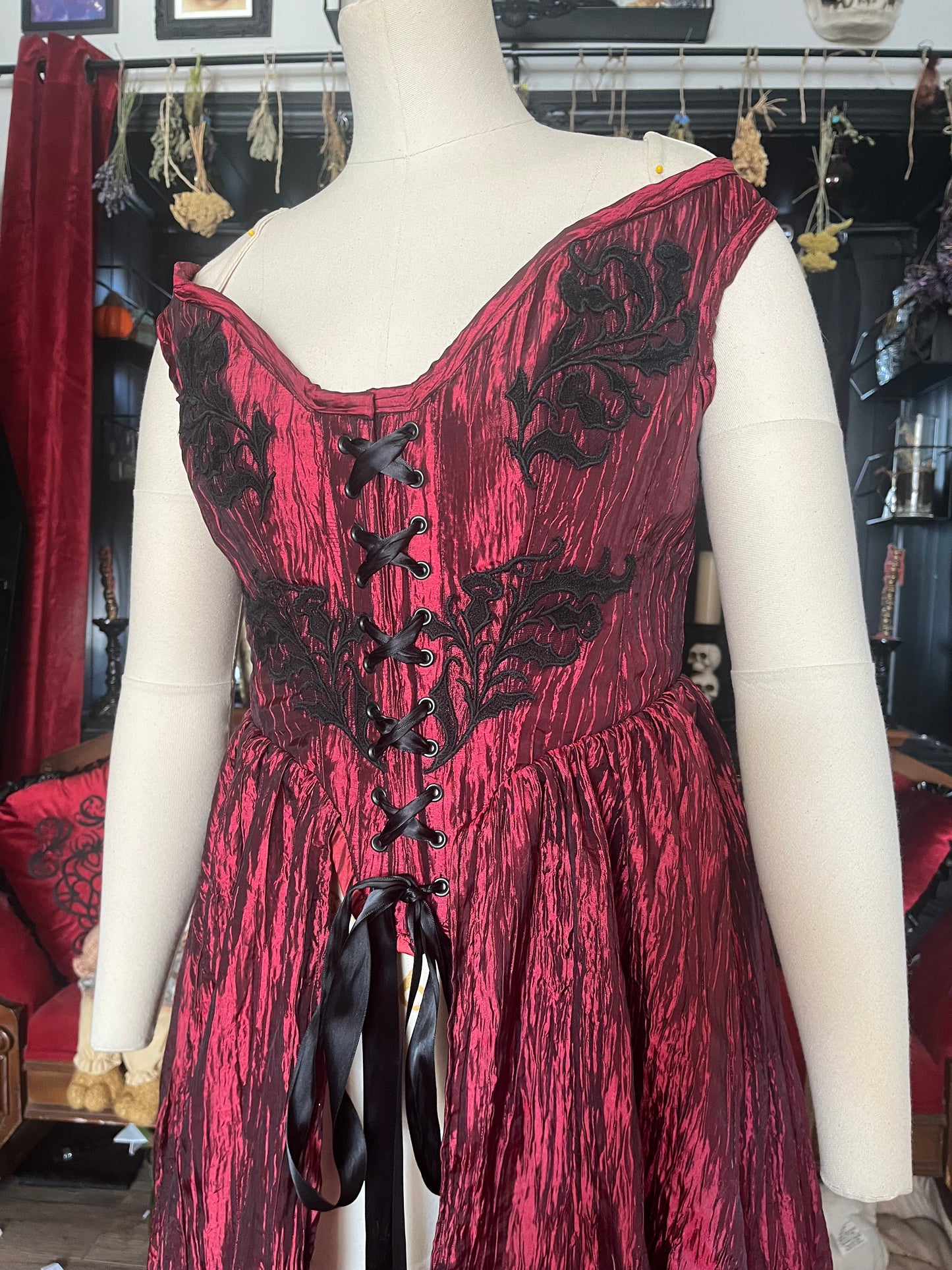 Corset Over Dress - Red Crinkle off the shoulder - Large