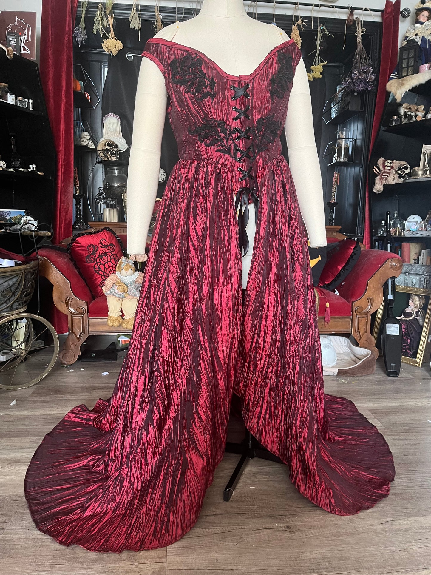 Corset Over Dress - Red Crinkle off the shoulder - Large