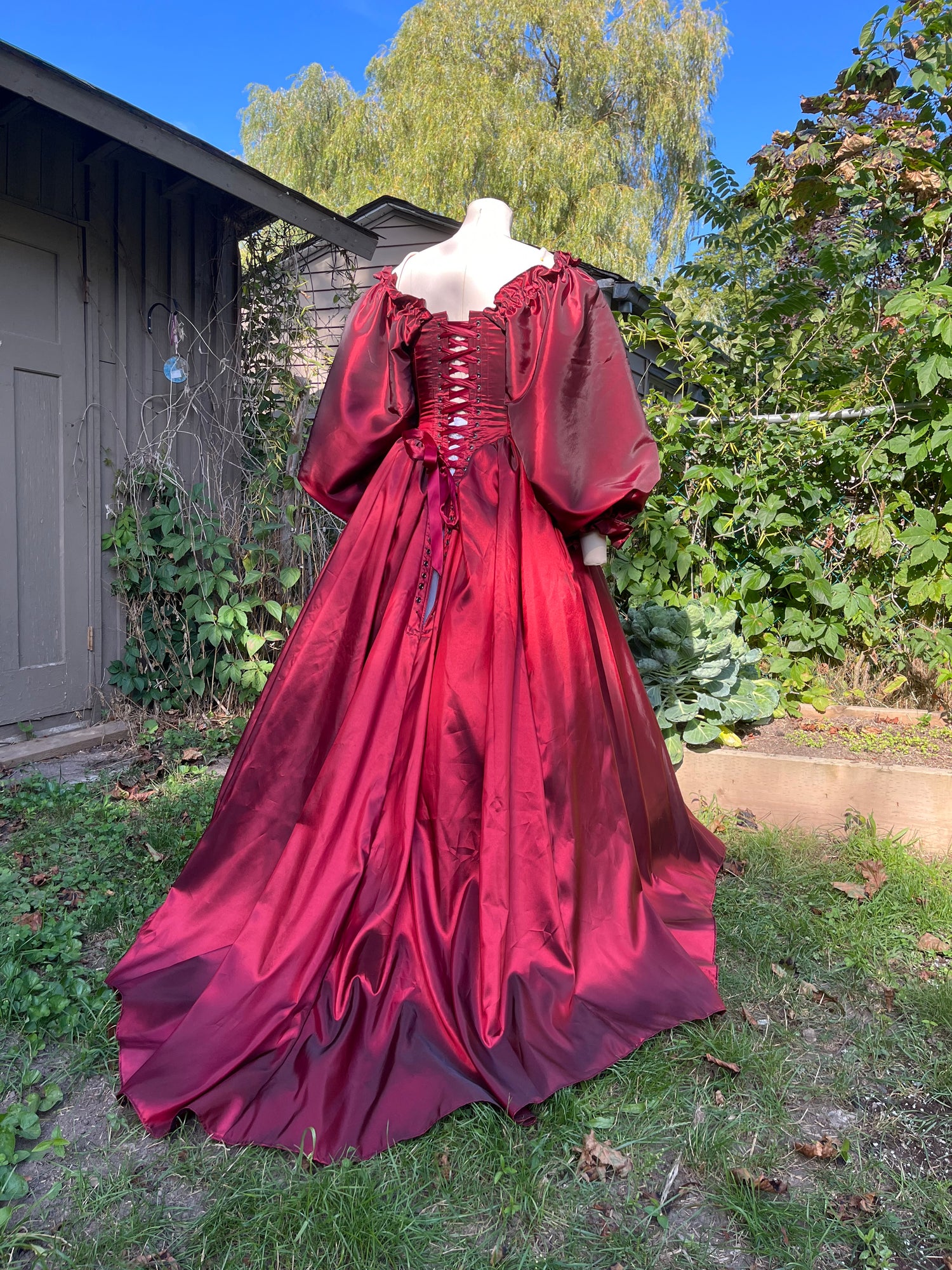 red victorian dress Victorian-Inspired Gothic Black and Gothic with Satin Corset WonderlandByLilian up bodice at back to shape body well Square neckline with luxury lace ruffles buttons down front Matching sweeping floor Victorian Rococo Ball Gown with